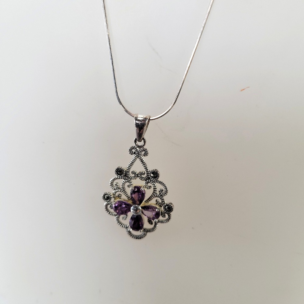 Vintage Sterling Necklace Thai Filigree Marcasite Purple Glass Italy Chain 15"